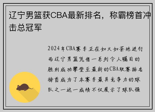 辽宁男篮获CBA最新排名，称霸榜首冲击总冠军