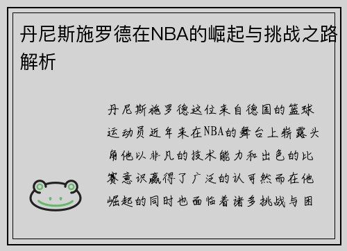 丹尼斯施罗德在NBA的崛起与挑战之路解析